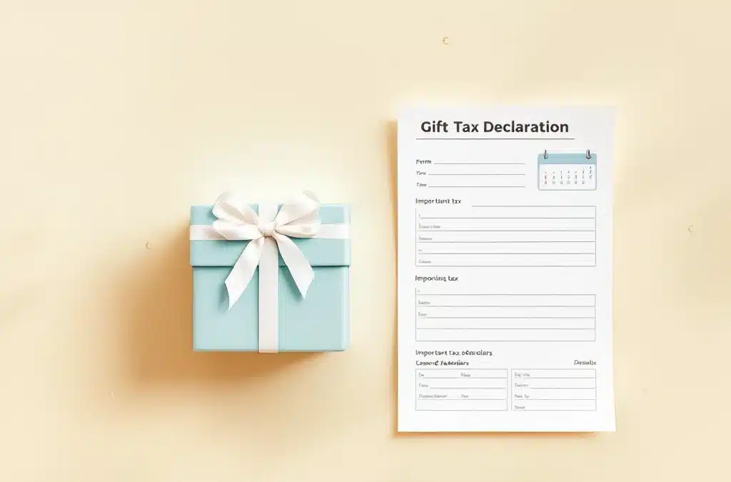 "Minimalistische afbeelding van een lichtblauw cadeaudoosje, belastingformulier en kalender tegen een beige achtergrond met eurosymbolen en rustige pasteltinten."