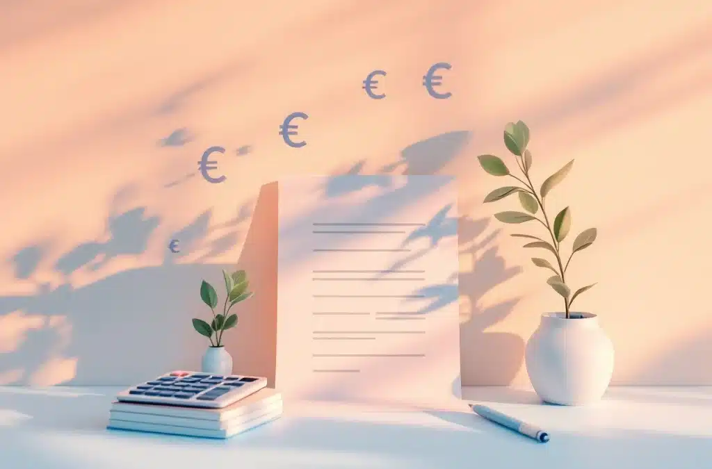 "Minimalistisch belastingformulier met documenten, rekenmachine en pen op lichte achtergrond met euro-symbolen en plantjes; straalt financiële organisatie uit."