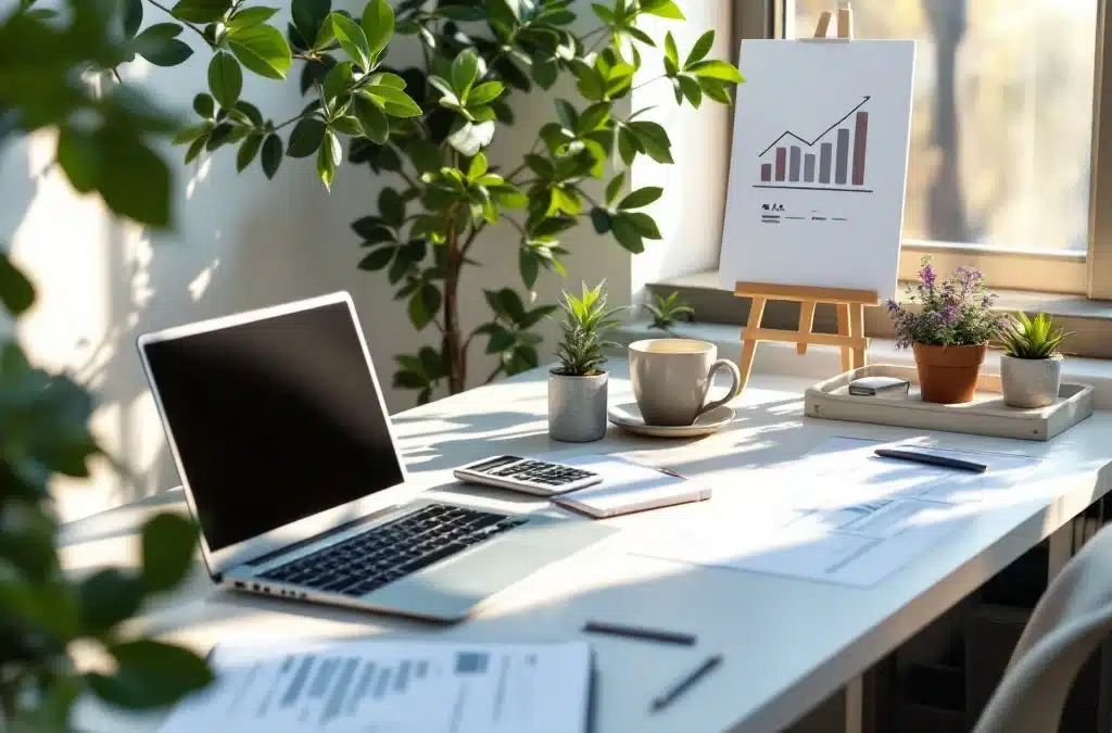 Een lichte werkplek met georganiseerde belastingdocumenten, laptop, rekenmachine en plant. Warme belichting toont belastingvoordelen voor ondernemers.