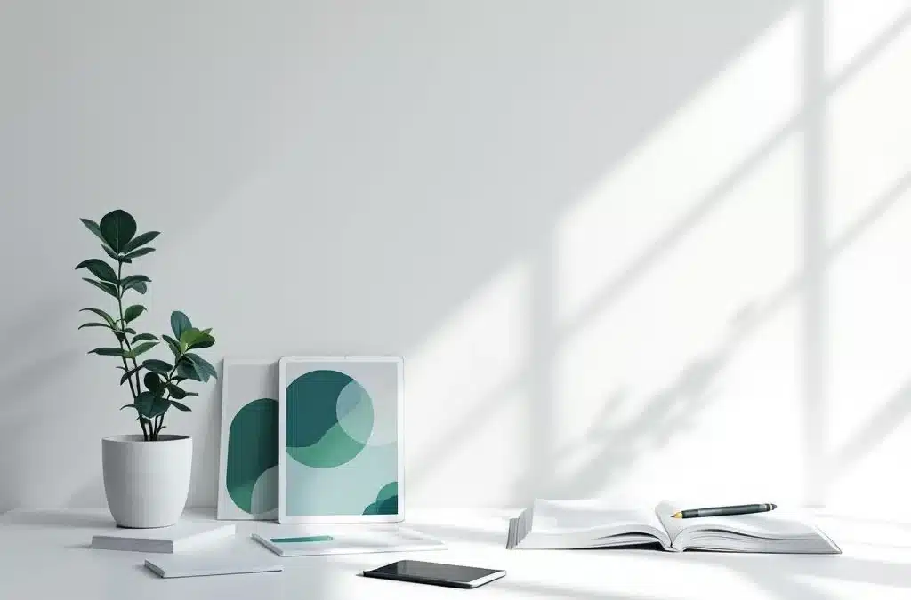 Minimalistisch bureau met belastingdocumenten, tablet met grafieken, elegante vulpen en notitieboek in een professionele omgeving met geometrische achtergrond.
