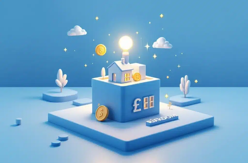 3D-box in zachte blauwtinten waaruit financiële symbolen komen: munten, huissilhouet en beleggingspictogrammen, met subtiele belichting in minimalistisch fiscaal ontwerp.