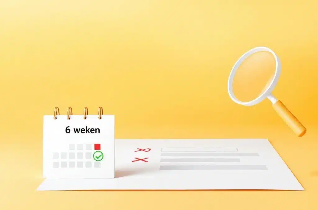 Belastingformulier met rode X en blauwe vinkje, kalender met "6 weken" en groene deadline-cirkel, en vergrootglas voor zorgvuldige controle op warmgekleurde achtergrond.