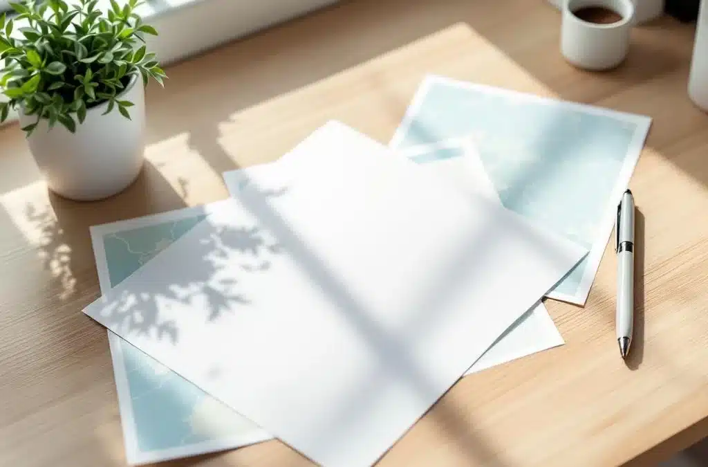 Netjes georganiseerde belastingdocumenten op een licht houten bureau met kleurrijke mapjes, een elegante pen en een kleine plant in zachte natuurlijke belichting.