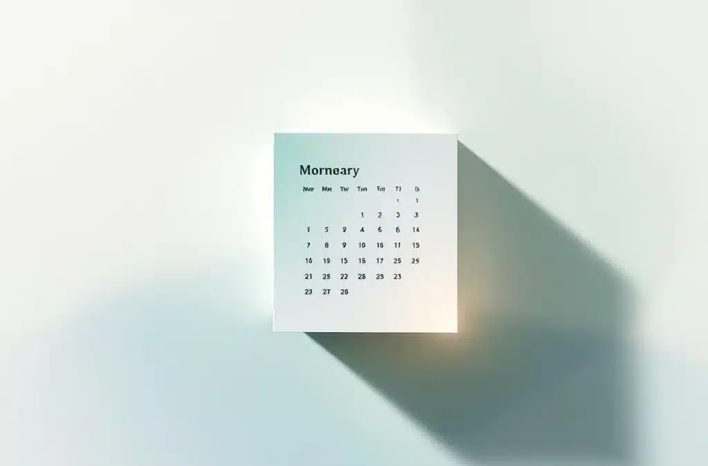 Minimalistisch ontwerp met kalender, stralend euroteken en zwevende munten, verbonden door een stippellijn, symboliseert het belastingteruggaveproces in zachte pasteltinten.