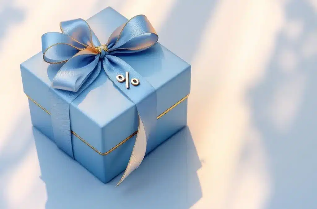 Blauwe geschenkdoos met gouden strik naast belastingformulier op lichtgrijze achtergrond, met zwevend percentage-symbool erboven.