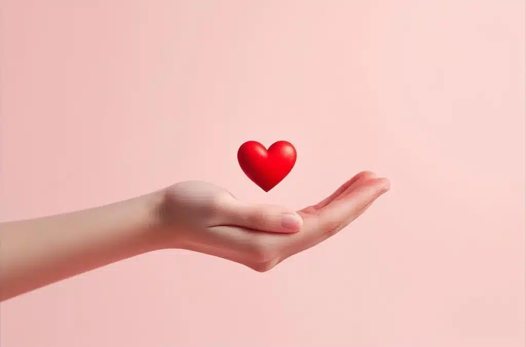 Witte hand met opstijgend rood hartje boven een belastingformulier, verbonden met een belastingvoordeelsymbool in een minimalistische, optimistische compositie.
