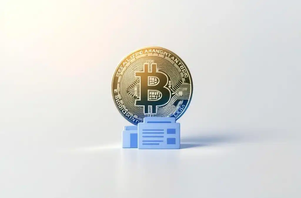 Gestileerde bitcoin-munt met gouden gloed zweeft boven belastingformulier, vergezeld door groene groeigrafiek en eurosymbool in minimalistisch ontwerp.