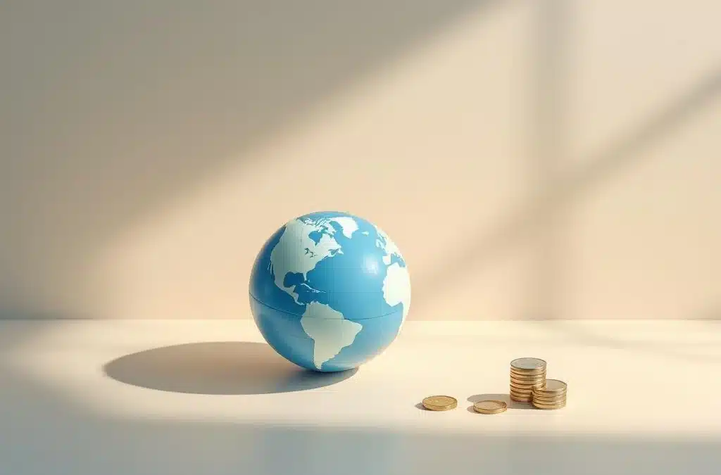 Minimalistisch stilleven dat internationale erfbelasting symboliseert met een wereldbol, testamentdocument en diverse munten in een warme, lichte compositie.