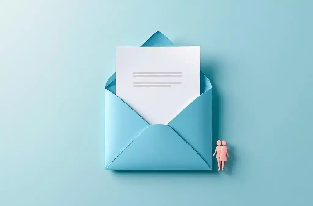 Lichtblauwe envelop met erfenis- en belastingdocumenten naast een familie-silhouet op een zachte pastelachtergrond, symboliseert professionele erfenisplanning.