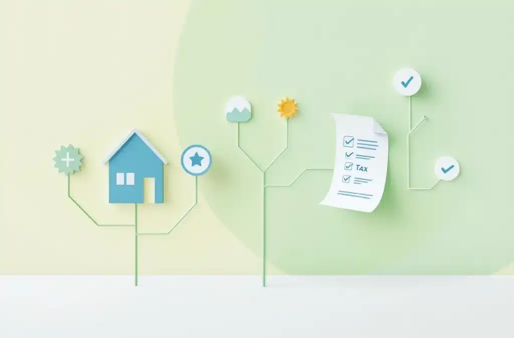 "Minimalistisch stamboomontwerp met geometrische takken die een bedrijfsoverdracht tonen, met een belastingdocument en zachte kleuren op lichte achtergrond."