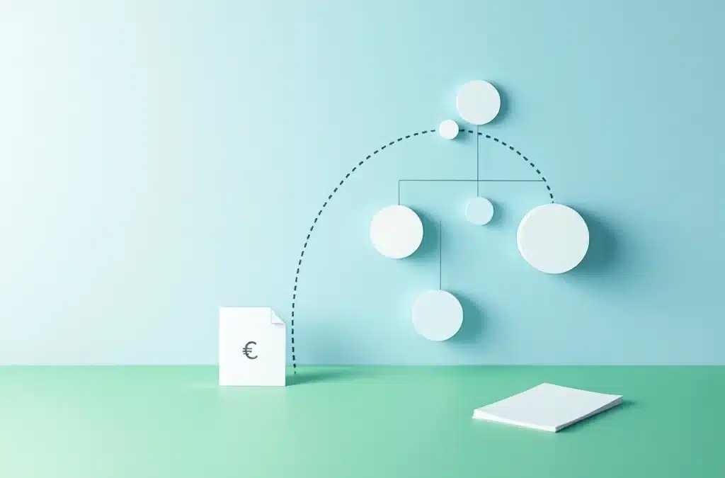 Een minimalistisch familiestamboom met drie generaties, verbonden door een stippellijn die grootouders direct met kleinkinderen verbindt, naast een document met eurosymbool.