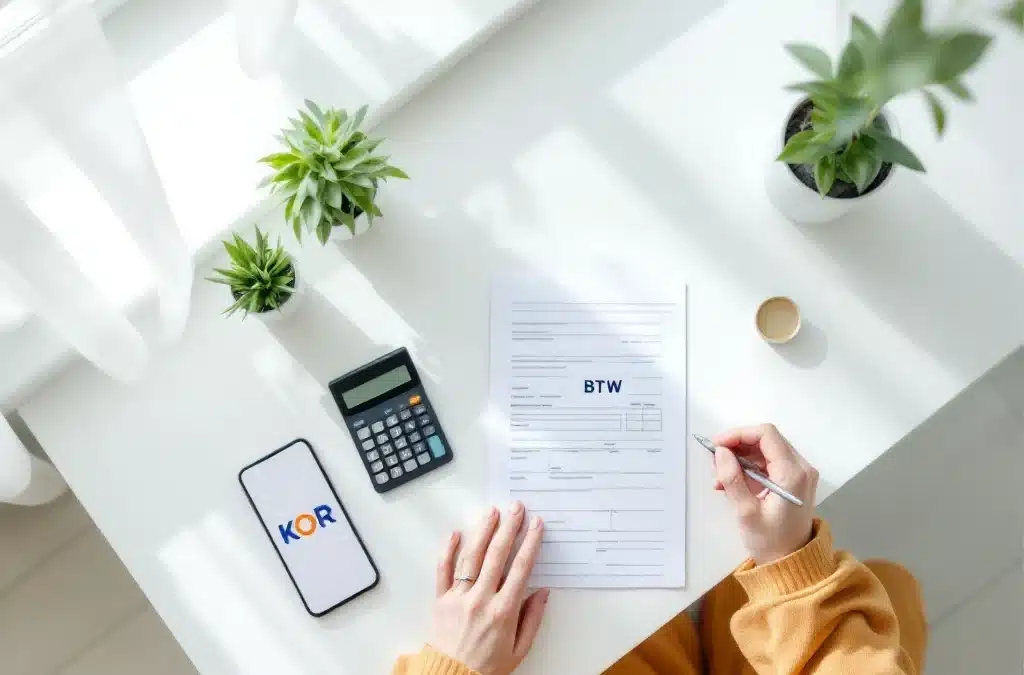 "Bovenaanzicht van een georganiseerd bureau met BTW-formulier, rekenmachine, plant en smartphone met KOR-symbool in een licht, rustgevend interieur."