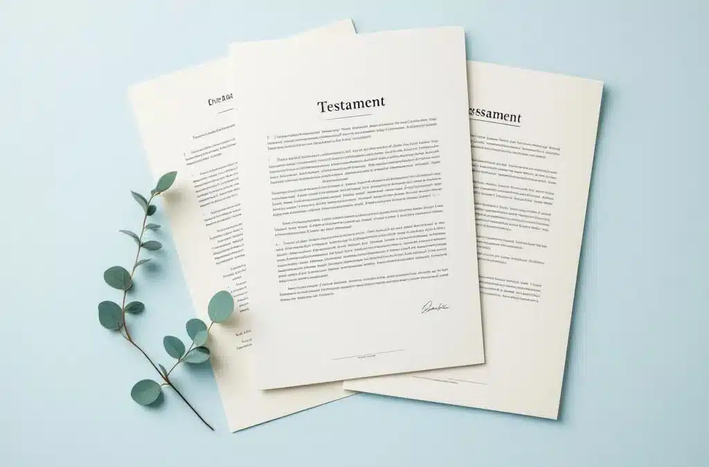 Half-geopend testament centraal tussen bankafschriften, eigendomsbewijs en overlijdensakte, met symbolische sleutel voor nalatenschap op lichte achtergrond.