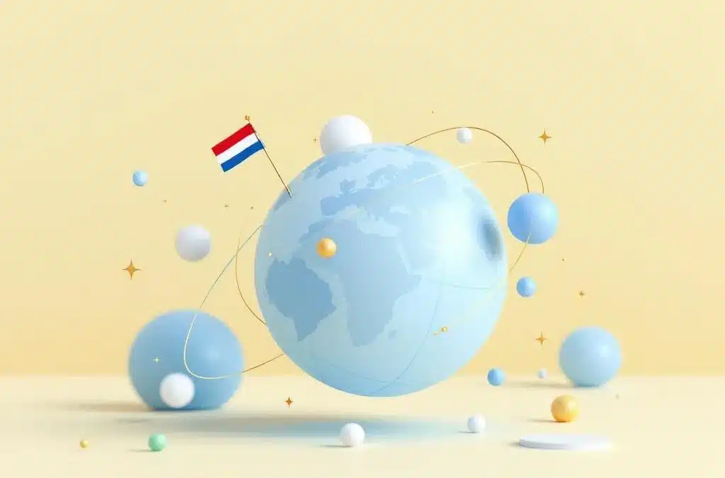 Wereldbol met Nederlandse vlag en portemonnee, verbonden door gouden lijnen die internationale geldstromen symboliseren, op een lichte achtergrond met zachte geometrische vormen.